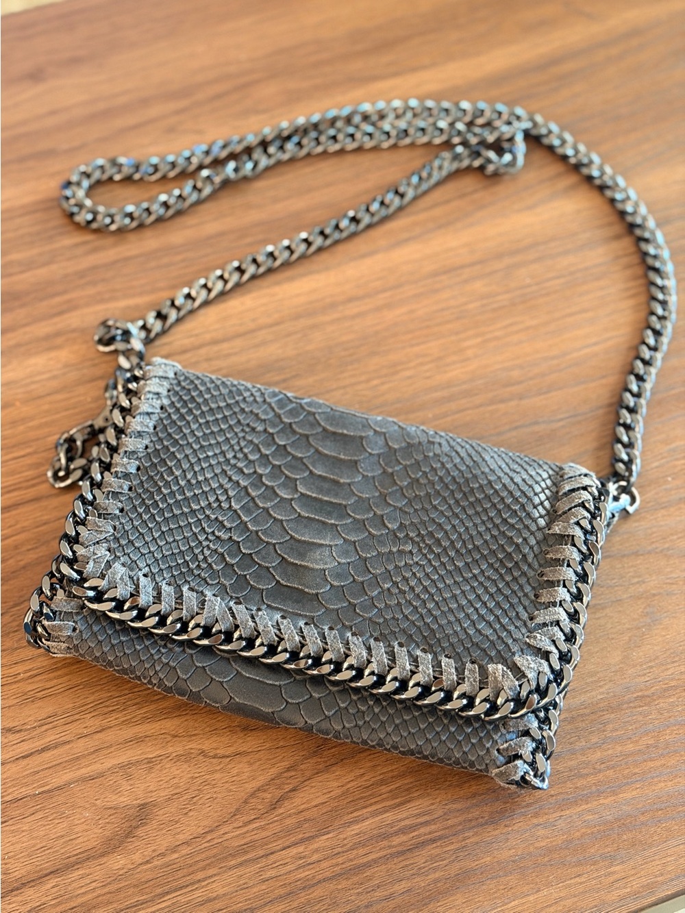 Gray and Gunmetal Chain Purse Leather Gothic Punk Rock Suede Crossbody Handbag